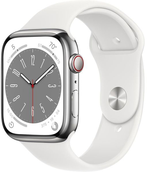 애플 워치 시리즈 8 GPS + 셀룰러 41mm 실버 스테인리스 스틸 케이스와 화이트 스포츠 밴드 ML 리뉴얼