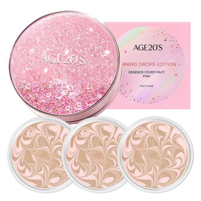 에이지투웨니스 에센스 커버 팩트 뉴 오리지널 샤이닝 드롭스 에디션 핑크 케이스 + 리필 12.5g x 3p, 21호핑크라떼, 1개