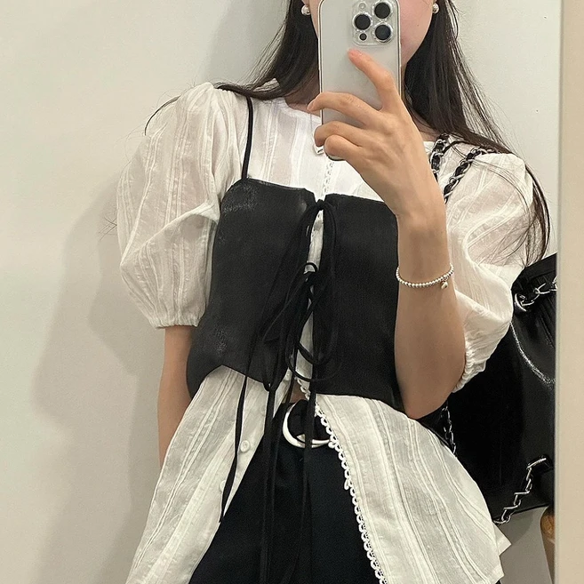 [당일발송/누적3천장/하객룩]로어 레이어드 스트링 새틴 끈나시 뷔스티에