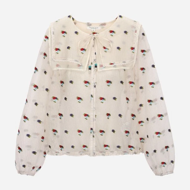 써스데이아일랜드 블라우스 시스루 패턴 (T6MBL138W) 데일리룩 캐주얼