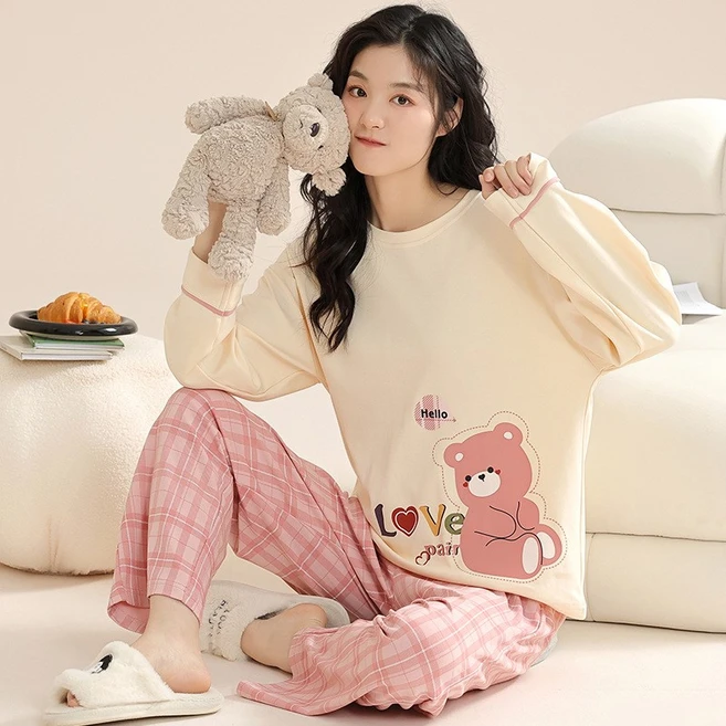 Trendigo 여성 데일리 면 잠옷 세트 빅사이즈 곰돌이 긴팔 홈웨어 실내복