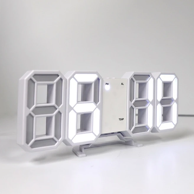 럭키타임 3D LED 디지털 시계 23cm 인테리어 테이블시계 달력 온도계 디스플레이, 화이트