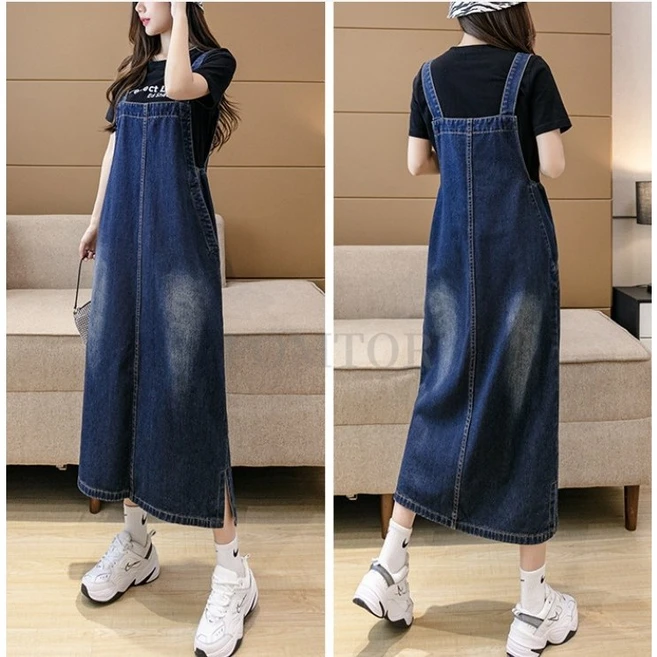 POMTOR 여성 루즈핏 빅사이즈 데님원피스 롱 데님 멜빵 원피스(S-5XL)
