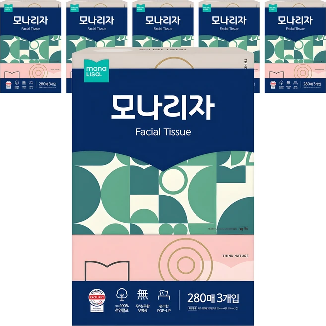 모나리자 천연펄프 미용티슈 2겹, 280매, 6개
