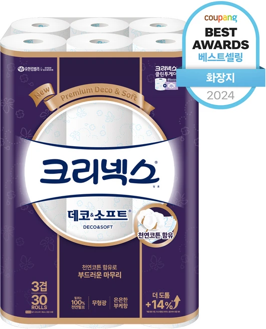 크리넥스 데코앤소프트 천연펄프 3겹 고급롤화장지, 27m, 30개입, 1개