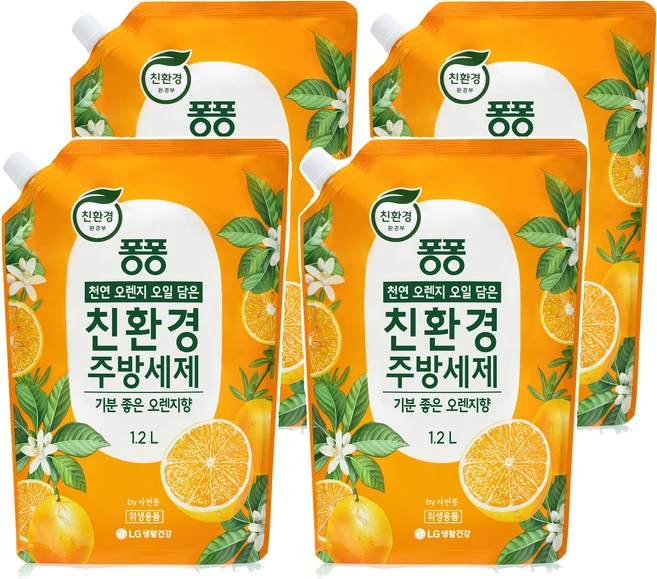 퐁퐁 친환경 주방세제 오렌지향 리필, 1.2L, 4개