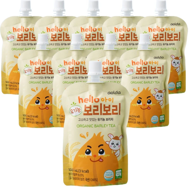 아올다 hello 아이 유기농 보리보리 보리차, 100ml, 10개