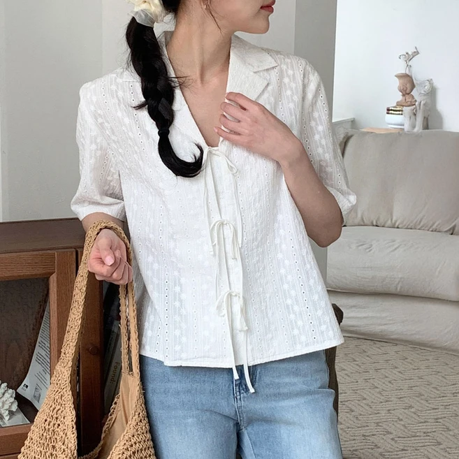 아피나르 여성용 아일렛 레이스 오픈 카라 리본 블라우스