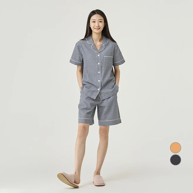 JAJU(자주) 여성용 냉감 통기성 BETTER 코튼 시어서커 미니체크 5부 파자마 상하의 세트