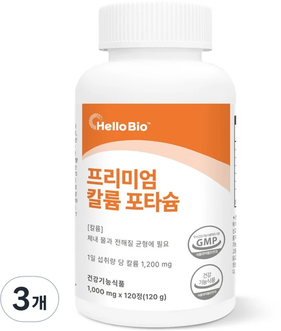 헬로바이오 프리미엄 칼륨 포타슘 120g, 3개, 120정