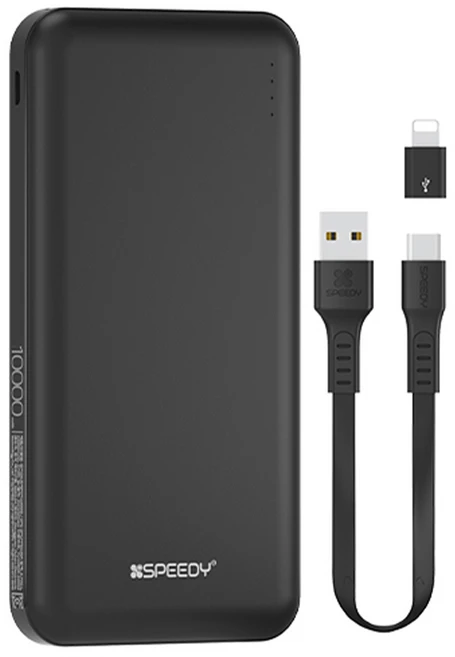 SPEEDY 슬림 듀얼 보조배터리 10000mAh + C타입 케이블 + 8핀 젠더 세트, BND-2PCPPB100A, 블랙