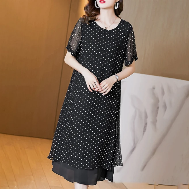 TKX 여름 쉬폰 원피스 중년여성 미디 원피스 도트무늬 반팔 우아한 통기성 쉬폰원피스 빅사이즈