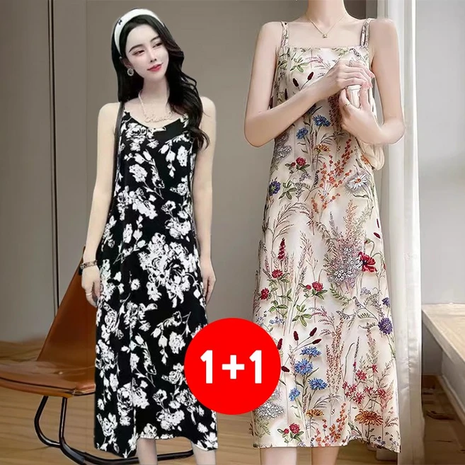 마쿠쿠 1+1 세트 나시 민소매 프린팅 플라워 플로럴 여성 쉬폰 원피스 휴양지 바캉스