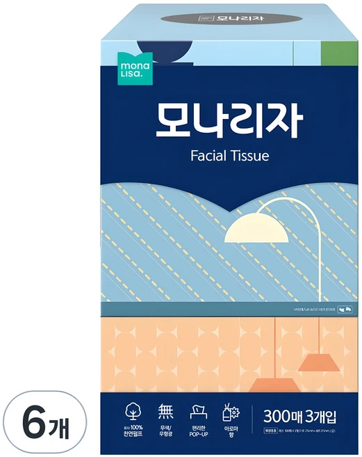 모나리자 천연펄프 미용티슈 2겹, 300매, 6개