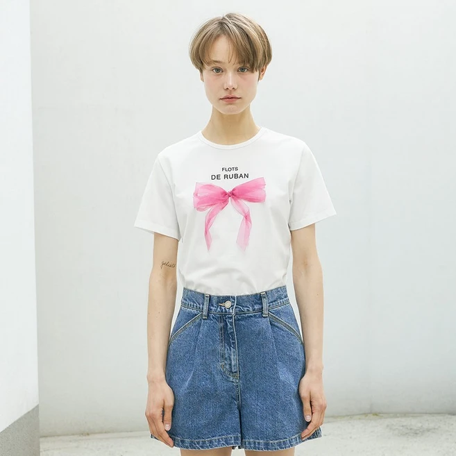 올리브데올리브 매쉬 리본 그래픽 반팔 티셔츠 OH4ME4900