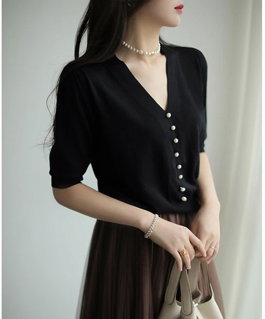 반소매 브이넥 니트