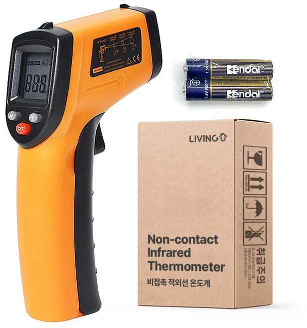 리빙유 비접촉식 온도계 -50~400도 디지털 적외선 온도 측정기 + 배터리 2개입, 1개, Black&Orange