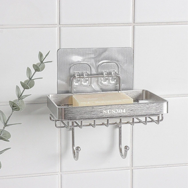 하슬라 HP 스텐 304 무타공 비누받침대, 1개, 실버