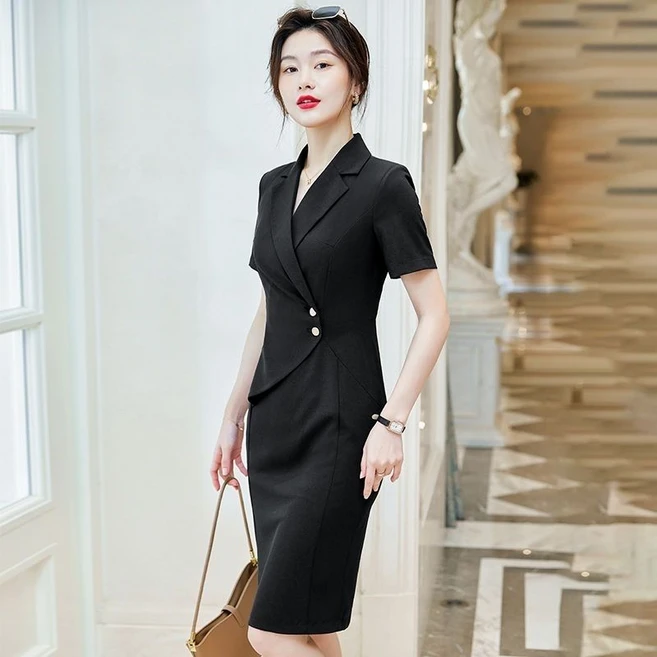 패션 반팔 정장 원피스 여성 봄여름 슬림핏 프리미엄 원피스 고급스러운 기질 정장넥 얇은 원피스 YMY