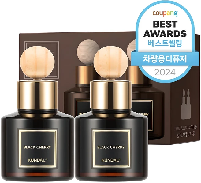 쿤달 퍼퓸 차량용 디퓨저 75ml 2개 + 우드볼스틱 2개, 블랙체리, 1세트