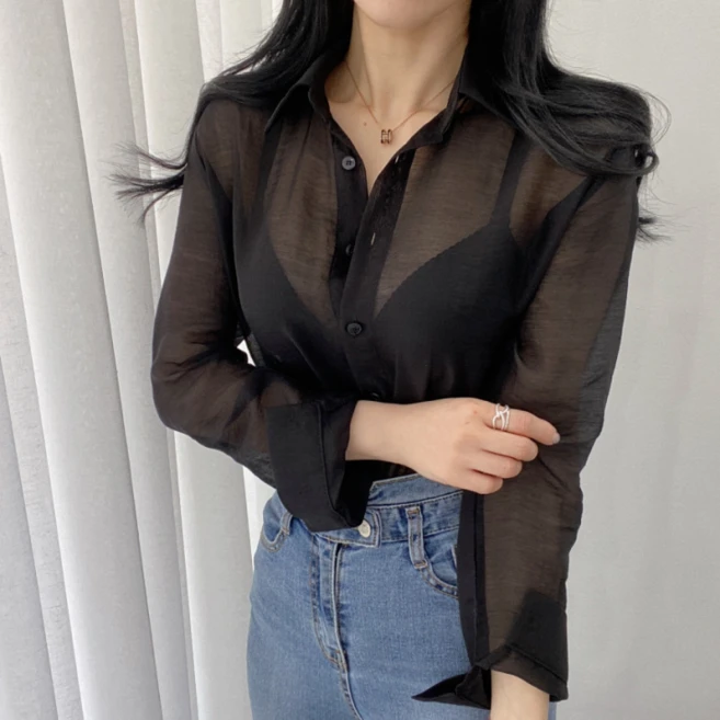 디얼제이 베이직 시스루 블라우스