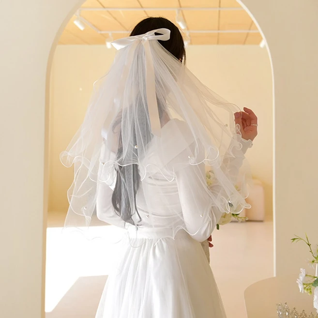 데일리앤 면사포 셀프 웨딩 리본 베일 브라이덜샤워 촬영소품 오간자 웨딩악세사리 헤어핀 망사 레이스 장갑