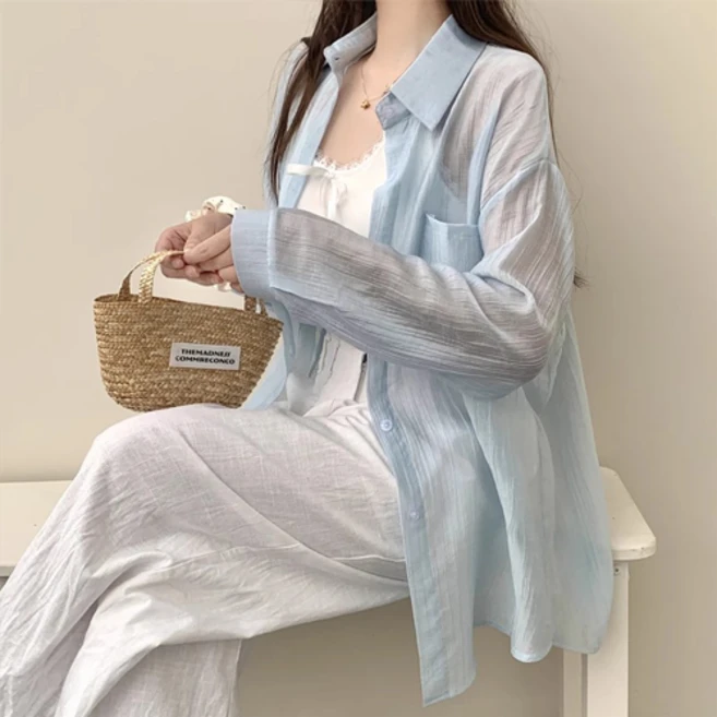 루엔나 여성 오버핏 시스루 셔츠 빅사이즈 긴팔 남방 상의