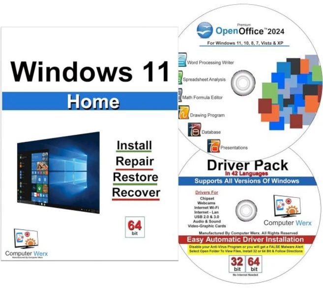 컴퓨터 워크스 Windows 11 홈 64비트 호환 수리 DVD 키 포함 설치 복구 및 복원 plus 오픈 오피스 2024 드라이버 팩, 컴퓨터 워크스 Windows 11 홈 64비트 호환 수