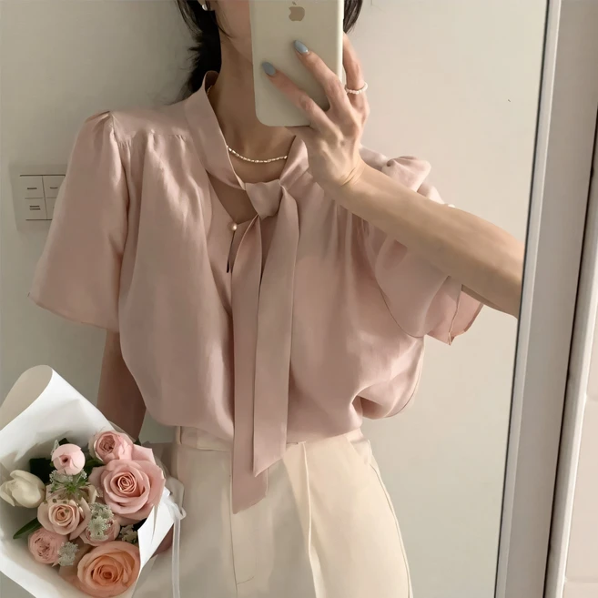 쪼예 투웨이 리본 타이 쉬폰 어깨퍼프 반팔 블라우스
