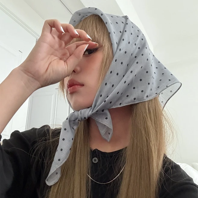 블루씨티 도트올 프린팅 시스루 스퀘어 스카프 헤어 두건