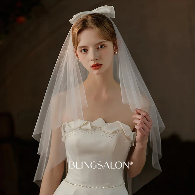 블링살롱 왈츠 이중 새틴 리본 면사포 웨딩베일 셀프웨딩촬영 브라이덜샤워 소품