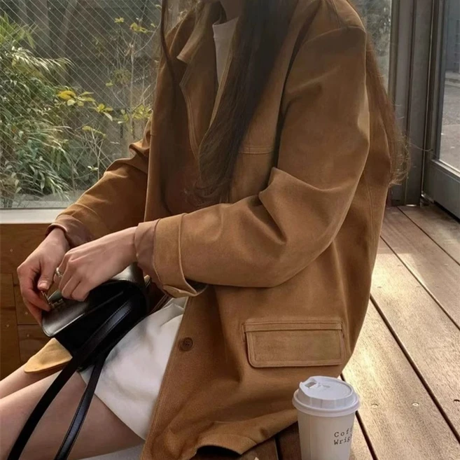 [당일발송] FUDGE 여리핏 오버핏 스웨이드 자켓 날씬핏 모델핏 부드러운 얇은 봄자켓 세무자켓 세무 여자 브라운 카멜
