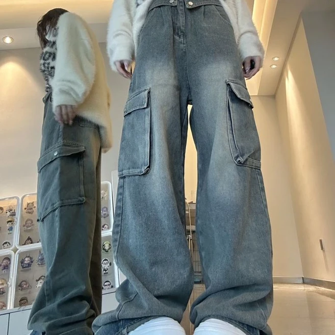 Skyciky 여성청바지 워싱 루즈핏 캐주얼 카고 팬츠 빈티지 데일리 II2587