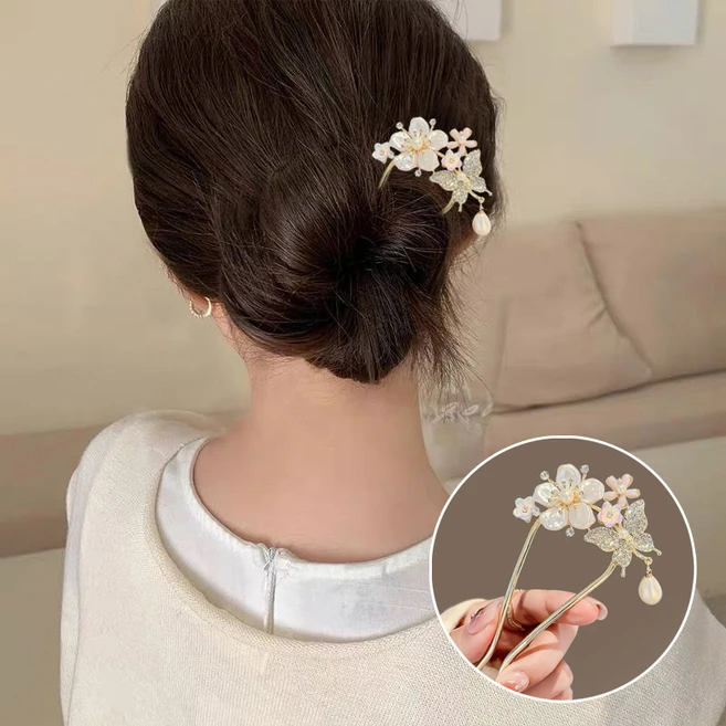 혼주헤어 셀프웨딩 헤어악세서리 꽃나비 U자형비녀