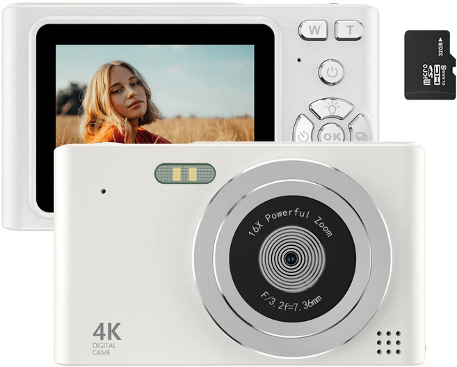 RUNHome 4800w 레트로 미니 디지털 카메라 여행용 인생+64G메모리카드, 화이트