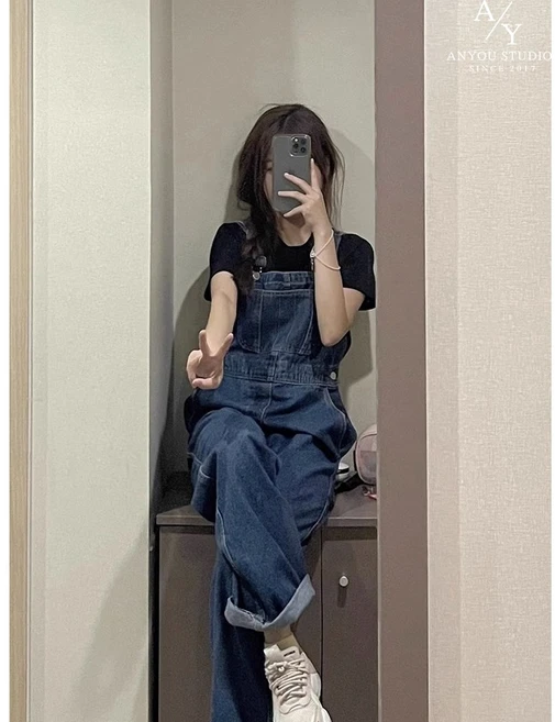 ANYOU 여름 여자 반바지 점프수트 넉넉한 멜빵 바지 청바지