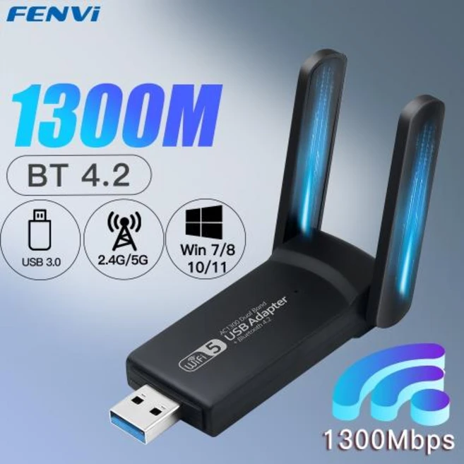 와이파이 무선 FENVI USB 30 어댑터 블루투스 42 듀얼 밴드 24G 5GHz 네트워크 카드 데스크탑 노트북용 리시버 1300Mbps, 1300M BT4.2, 1.1300m BT4.2