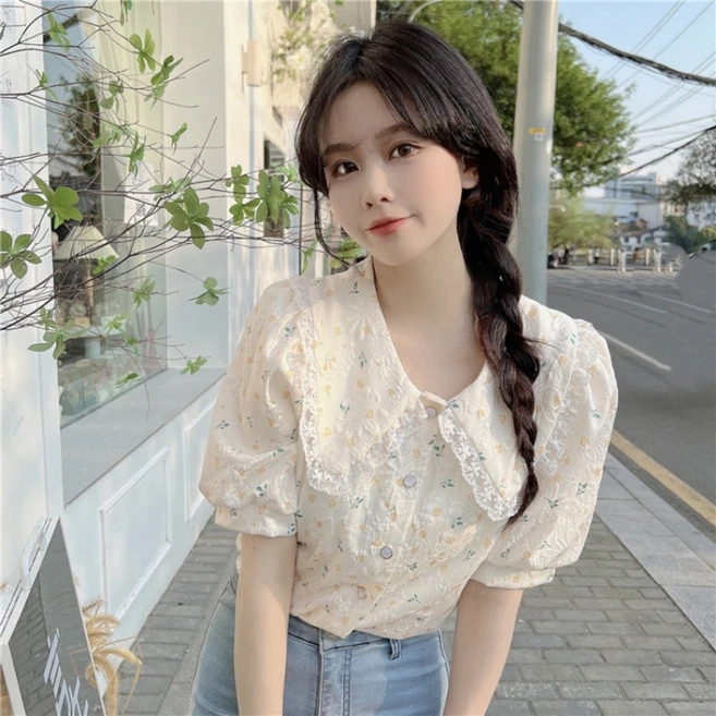 708090 큐티 플라워 퍼프 블라우스