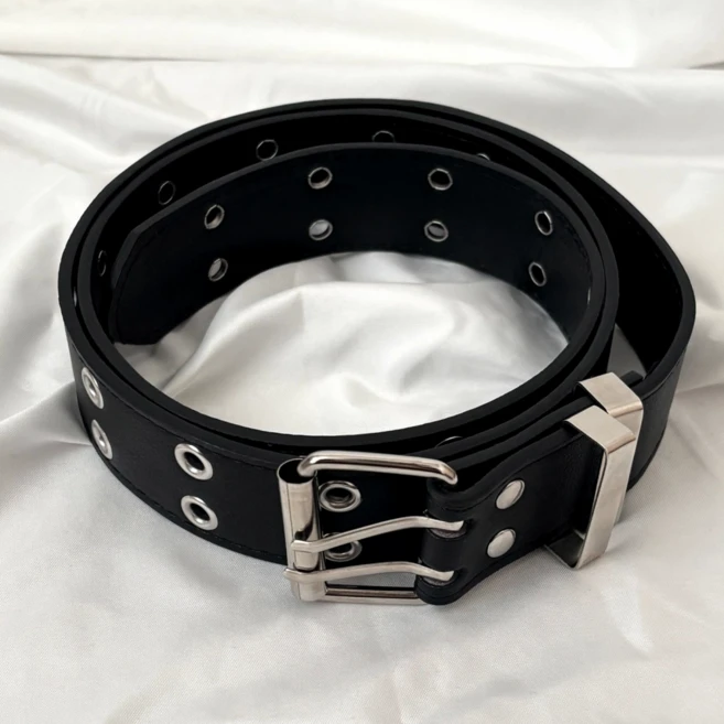 샤콘 더블 펀칭 아일렛 레더 벨트 / 보헤미안 웨스턴 실버 스터드 찡 가죽 허리띠