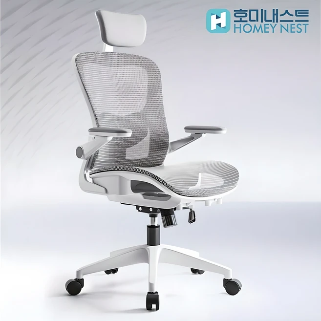 HOMEY NEST 메쉬 사무실 사무용의자 3D팔걸이 틸팅가능 요추 허리보호 체어 HN-OC107, 화이트