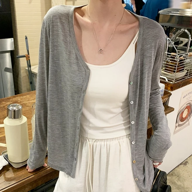 네루양품 피부에 부드러운 텐셀 가디건 브이넥 여성용 얇은 여름가디건 아우터