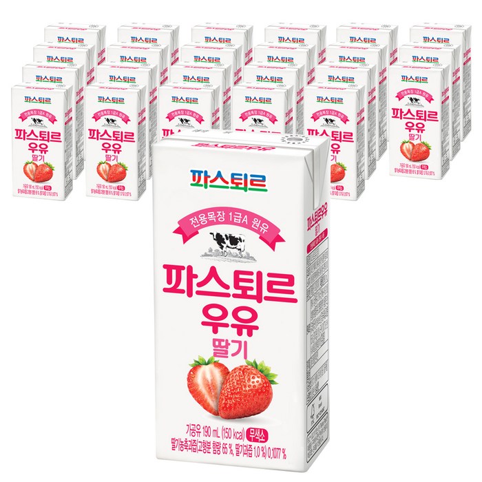 파스퇴르 딸기우유, 190ml, 24팩 대표 이미지 - 딸기맛 음료 추천