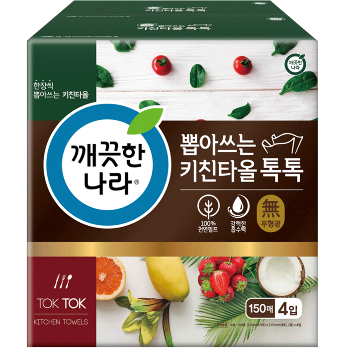 깨끗한나라 톡톡 천연펄프 키친타올 150매, 4개 대표 이미지 - 뽀삐뽀 추천