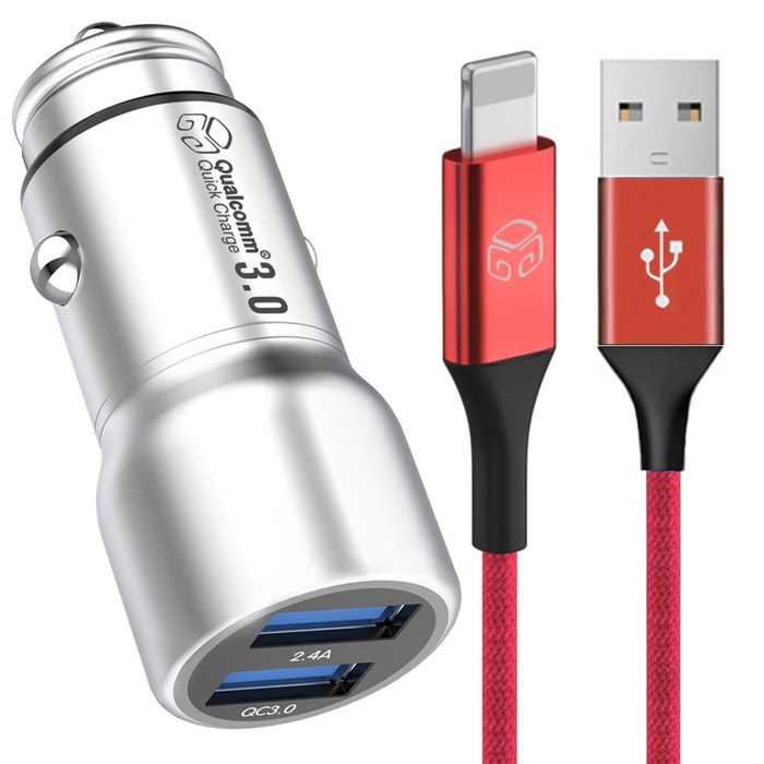 디지지 차량용 USB 듀얼시거잭 + 아이폰 8핀 컬러 고속 충전 케이블 1.2m, 시거잭(DGG-601), 케이블(DG-MC20), 시거잭(메탈실버), 케이블(리얼레드) 대표 이미지 - 디지지 고속 충전 케이블 추천