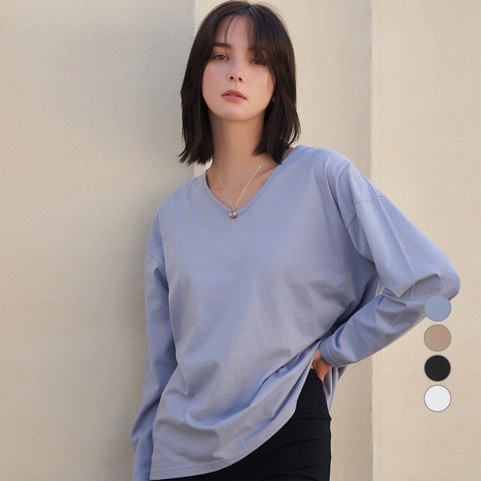 ELLE PARIS 여성용 루즈핏 브이넥 긴팔 티셔츠 대표 이미지 - 여자 봄옷 추천