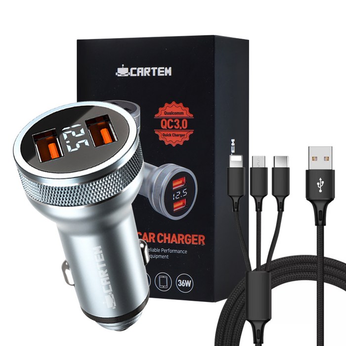 카템 풀메탈 LED QC3.0 듀얼 차량용 고속 충전기 36W + 트리플 충전케이블 3A, CT095, 혼합색상 대표 이미지 - 퀵차지 3.0 고속 충전기 추천