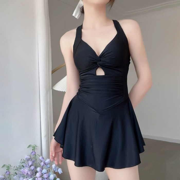 지비비 꽃무늬 모노키니 원피스 수영복, 블랙 대표 이미지 - 꽃무늬 수영복 추천