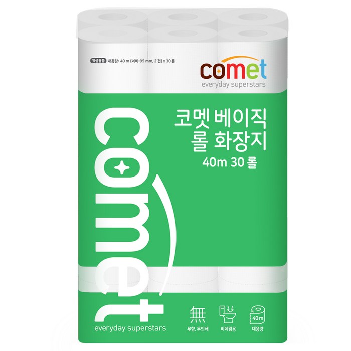 코멧 베이직 2겹 롤화장지 40m 30롤 대용량