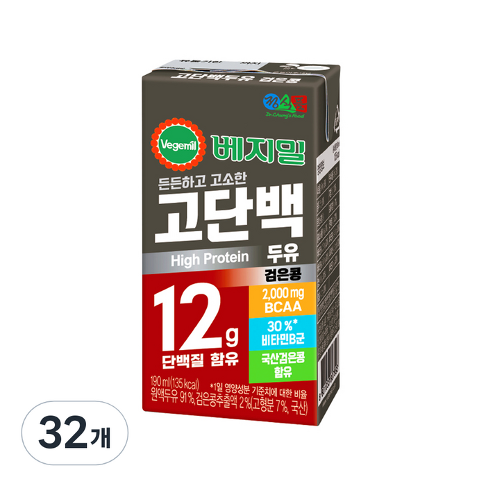 베지밀 고단백두유 검은콩, 190ml, 32개 대표 이미지 - 고단백 식품 추천