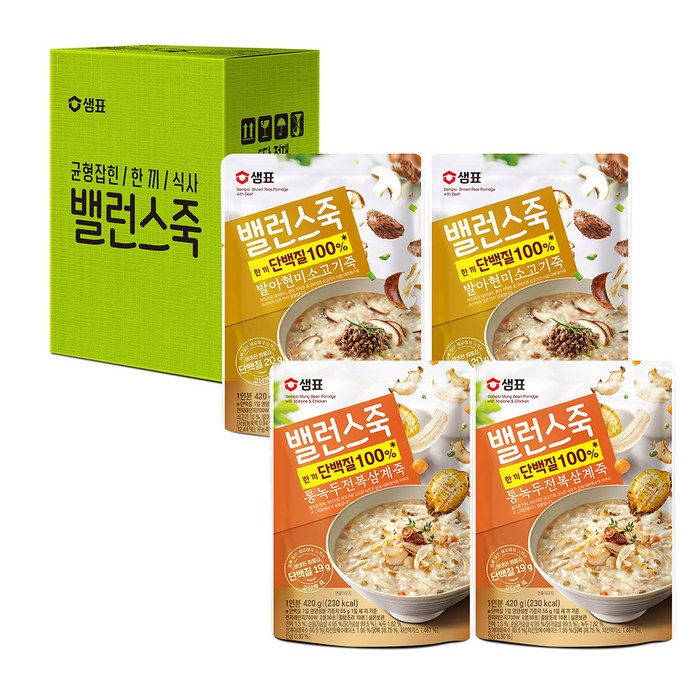 샘표 밸런스 발아현미 소고기죽 420g x 2p + 통녹두 전복 삼계죽 420g x 2p 세트, 1세트 대표 이미지 - 소고기야채죽 추천